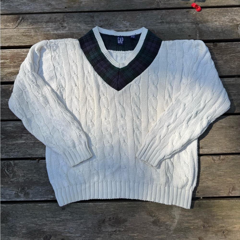 GAP Cable Knit Sweater with Plaid Collar